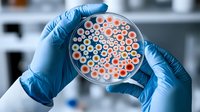 Medical researcher in blue gloves examining bacterial culture in petri dish against blurred laboratory background, close up view of microbiology testing and analysis.