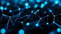 Glowing blue network nodes and connecting lines on dark background illustrate digital connectivity, neural networks and technological advancement.