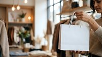 Young woman with dark hair and medium skin tone holding white shopping bag in modern retail boutique environment with warm lighting and clothing displays.
