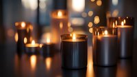 Luxury scented candles with warm glowing flames creating cozy ambient lighting atmosphere for relaxation spa wellness home decor meditation aromatherapy.