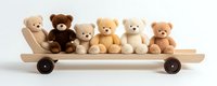 Adorable plush teddy bears arranged in row on wooden toy wagon against white background, isolated product photography for children's decor and toy marketing.