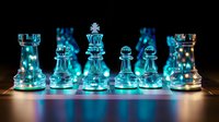 Glass chess pieces illuminated by vibrant blue light on reflective surface creating dramatic atmosphere and glowing ethereal effect. Strategic game concept.