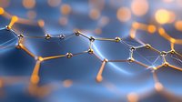 Molecular structure network with glowing connections and nodes on blue background with bokeh lights for scientific research and chemistry education.