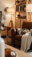 Cozy living room interior with small dog sleeping on brown leather armchair, wooden shelves, warm lighting and hygge home decor atmosphere.