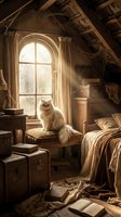 Fluffy white cat sitting on wooden table by arched window in vintage attic room filled with antique trunks, books, and dusty furniture with warm sunlight.