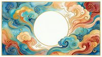 Colorful swirling waves and clouds frame white circle space. Decorative border with flowing ornamental patterns in blue, orange, red tones for design projects.