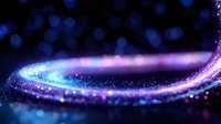 Glowing curved line with sparkling particles against dark background creates magical atmosphere in blue and purple colors, abstract light trail effect.