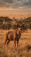 Majestic kudu antelope standing in golden savanna grassland during sunset with acacia trees and dramatic sky creating warm wildlife photography composition.