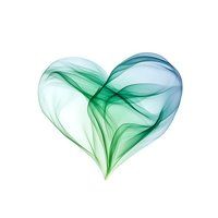 Ethereal heart shape formed by flowing green and turquoise smoke-like waves on white background, creating a delicate and romantic symbol for wellness and love.