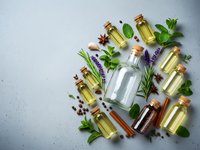 Natural essential oils collection with fresh herbs and aromatic plants for spa wellness aromatherapy and organic skincare treatments on textured background.