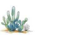 Watercolor desert landscape with saguaro cactus and prickly pear plants on sandy ground, botanical illustration for home decor and nature designs.