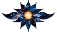 Cosmic flower with deep blue petals and glowing orange center against white background, featuring starry night sky pattern. Decorative celestial art element.