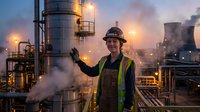 Young Caucasian male industrial worker in safety helmet and high-visibility vest gesturing at oil refinery during twilight with illuminated equipment and steam.