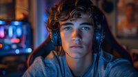 Young male gamer in headphones illuminated by blue monitor light, focused expression while playing video games at night, dramatic lighting creates moody atmosphere.