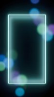 Neon glowing rectangular frame with cyan light border on dark background, surrounded by colorful bokeh lights in blue, green, and purple tones. Empty space for text or design overlay.