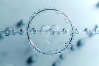 Heart shape formed by water drops and bubbles in circular pattern on light blue background, creating delicate macro photography art for wellness and love concepts.