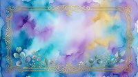Watercolor background with soft blending of turquoise, purple, and yellow hues, ornate golden frame border with decorative flourishes and botanical elements for design projects.