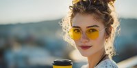 Young Caucasian woman with curly hair wearing yellow sunglasses holding coffee cup outdoors at sunset, soft backlight creating dreamy atmosphere.