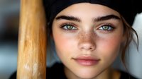 Young woman with freckles wearing black beanie hat looking at camera with natural makeup and warm lighting for lifestyle photography projects.