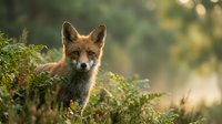 Red fox standing among green moss-covered vegetation in natural forest habitat, alert and watchful in woodland environment for wildlife and nature content.
