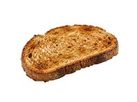 Slice of toasted whole grain bread with crispy golden-brown surface and visible air pockets, isolated on white background for food and culinary design projects.