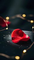 Red rose petal with water droplets on dark surface with warm bokeh lights creating romantic atmosphere for Valentine's Day and love concepts.