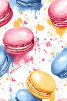Colorful macarons in pink, blue, and yellow with watercolor splashes on white background create playful pattern for packaging, menu, or textile design.