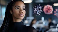 Young African American woman with braided hair in black attire looking up thoughtfully with virus cell molecular structures floating in background, representing health awareness.