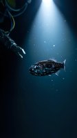 Deep sea anglerfish swimming in dark ocean waters with dramatic sunlight beam penetrating from surface creating mystical underwater atmosphere.