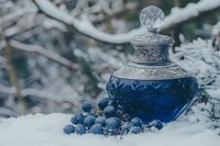 Ornate glass bottle with blue liquid and fresh blueberries scattered in winter snow, creating mystical potion scene for fantasy and magical themes.