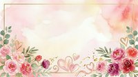 Watercolor floral border with pink and red roses, green leaves, and decorative hearts on isolated white background. Perfect for wedding invitations, greeting cards, and design projects.