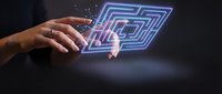 Hand touching glowing neon maze hologram in dark space, representing digital navigation, technology solutions, and interactive virtual interface design.
