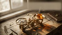Vintage brass balance scale with weights on wooden table in warm sunlight streaming through window creating dramatic shadows and golden hour atmosphere.