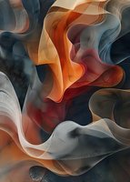 Abstract flowing waves in orange, blue and gray create dynamic movement and depth. Smooth gradient transitions form elegant curves and ethereal shapes on dark background.