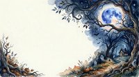 Gnarled tree with full moon framed by twisted branches and foliage, creating a mystical nighttime forest scene with warm earth tones and cool blue moonlight for fantasy and nature designs.