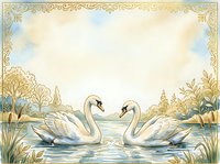 Elegant swans swimming together in ornate golden frame with botanical elements, watercolor style illustration for wedding invitations, greeting cards, and decorative design projects.