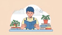 Young Asian male student reading book at desk with plants and books in modern study room for education and learning concepts.