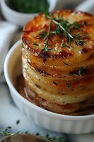 Stacked layers of golden-brown potato gratin garnished with fresh rosemary and herbs, served in white ceramic ramekin. Close-up view shows caramelized edges and seasoning.