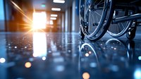 Empty hospital corridor with wheelchair silhouette against bright sunlight through doorway, dramatic lighting and reflective floor creates atmospheric medical setting.