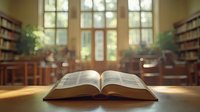 Open book with pages spread on wooden table in empty library interior with tall windows and bookshelves, natural sunlight creating atmospheric morning ambiance.