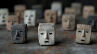 Carved wooden masks with solemn expressions arranged on dark surface, creating mysterious atmosphere. Handcrafted miniature faces show raw texture and primitive style.