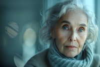 Elegant senior woman with silver hair and striking blue eyes wearing gray knit scarf gazes thoughtfully, soft bokeh background creates atmospheric mood. For aging and wellness concepts.