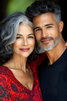 Mature couple embracing outdoors, middle-aged Hispanic man and woman with gray hair smiling together, romantic relationship portrait for lifestyle content.