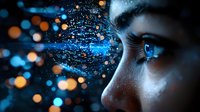 Close-up of young Asian woman's eye with digital particle effect and bokeh lights dissolving into technological abstract composition in blue and orange tones.