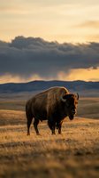 Majestic bison standing in golden prairie grassland during dramatic sunset with storm clouds and mountain silhouette in background for wildlife conservation concepts.