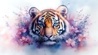 Young tiger face with bright blue eyes surrounded by delicate pink cherry blossoms and soft watercolor effects in dreamy pastel colors against misty background.