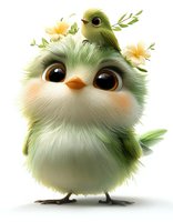 Adorable green fluffy bird character with big brown eyes and small yellow flowers, soft feathers and chubby round shape. Suitable for children book illustrations.