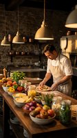 Professional male chef preparing fresh pizza in rustic restaurant kitchen with organic vegetables and warm pendant lighting for culinary business.