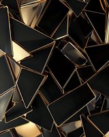 Abstract geometric background with black angular shapes featuring luxurious gold edges, creating a modern architectural pattern with dramatic lighting and shadows.