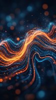 Abstract flowing energy waves with glowing orange and blue neon lines, particles, and bokeh lights on dark background. Suitable for technology, digital innovation, and modern design projects.